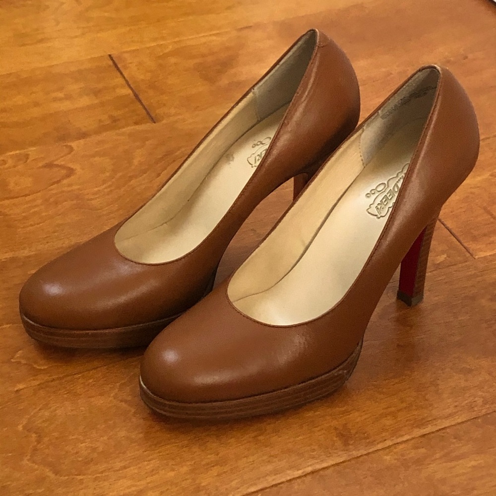 Tan Leather Platform Stacked Stiletto Heel Pumps